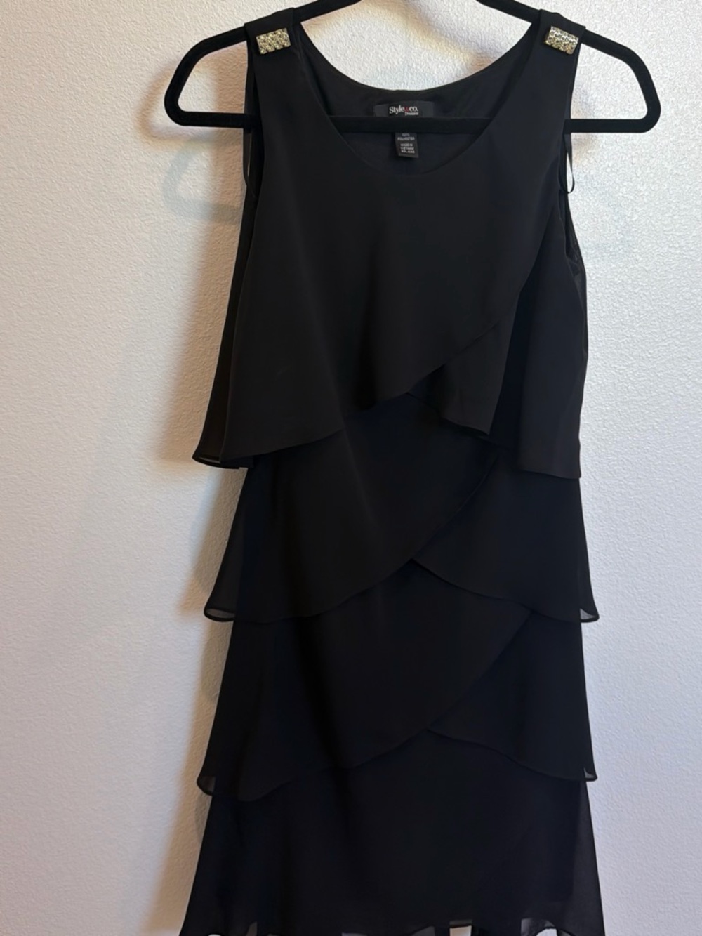 Style & Co. Black Tiered Chiffon Mini Dress with Jeweled Shoulder Accents